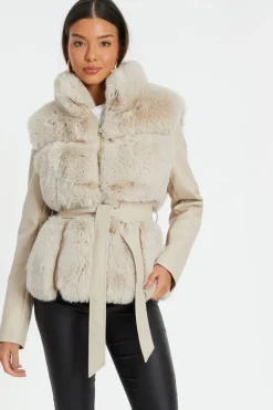 Quiz Stone Faux Fur Contrast Belted Jacket Best
