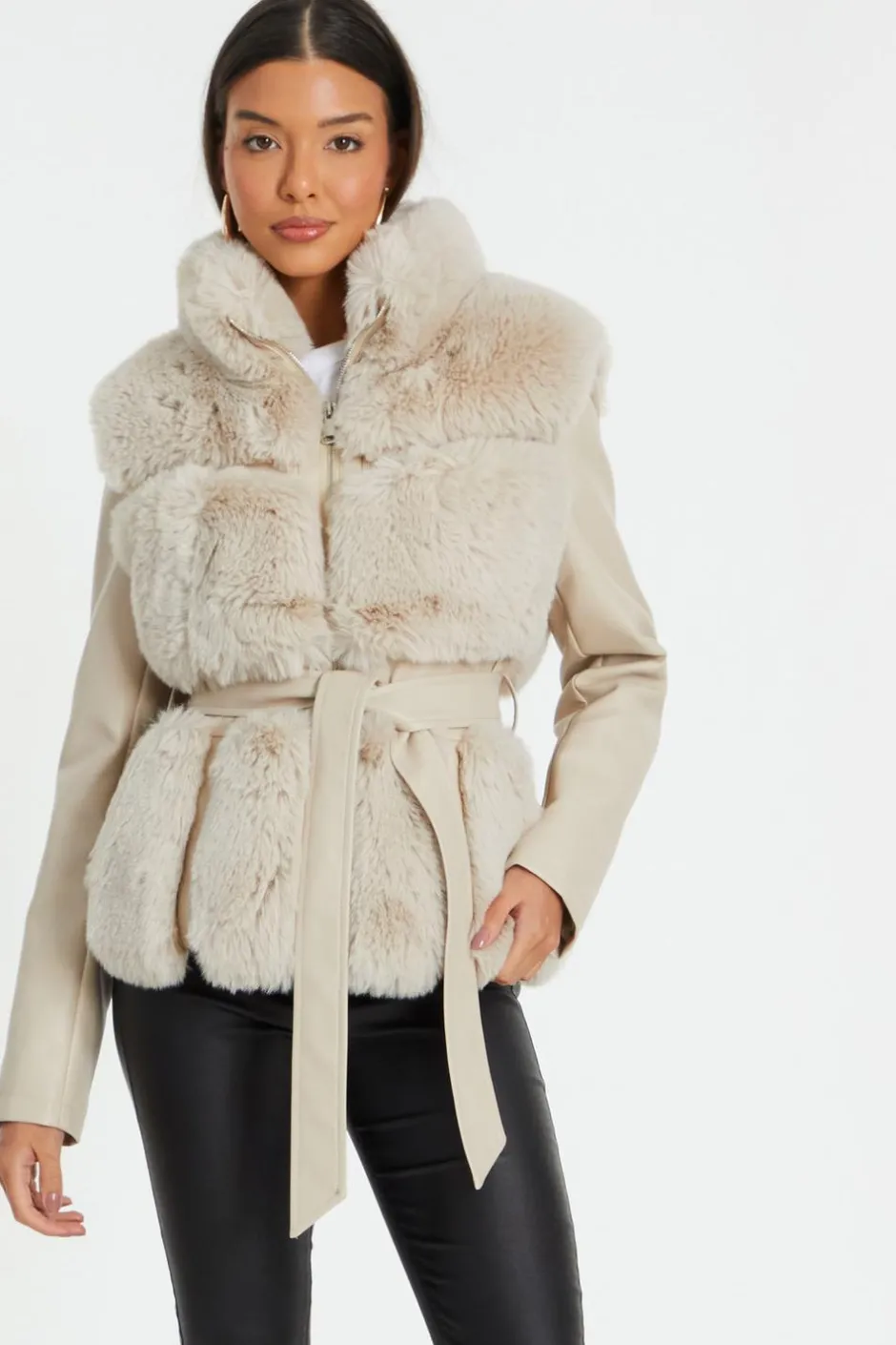 Quiz Stone Faux Fur Contrast Belted Jacket Best