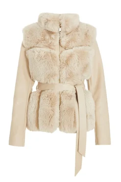 Quiz Stone Faux Fur Contrast Belted Jacket Best