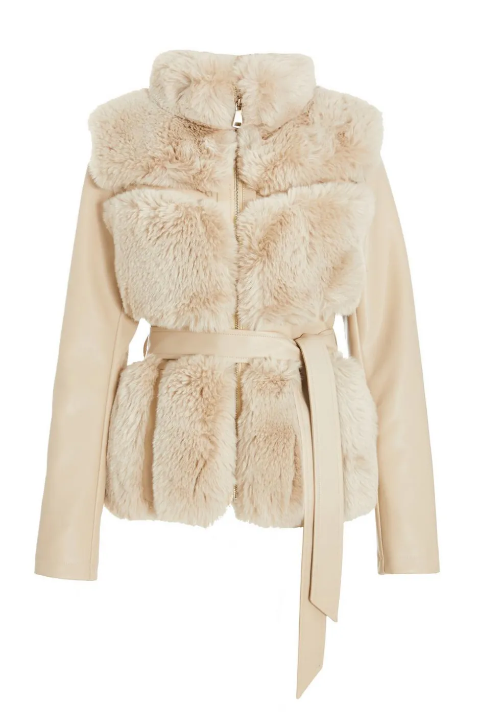 Quiz Stone Faux Fur Contrast Belted Jacket Best