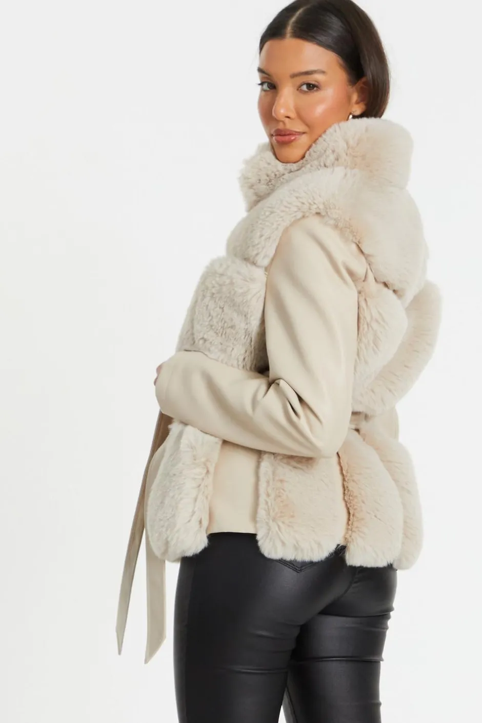 Quiz Stone Faux Fur Contrast Belted Jacket Best