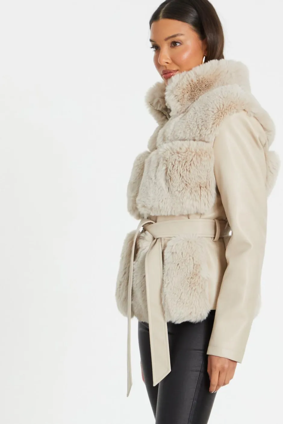 Quiz Stone Faux Fur Contrast Belted Jacket Best