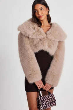 Quiz Faux Fur Cropped Jacket Stone Clearance