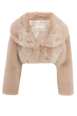 Quiz Faux Fur Cropped Jacket Stone Clearance