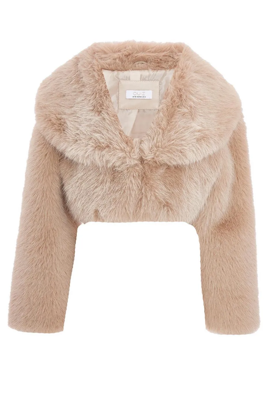 Quiz Faux Fur Cropped Jacket Stone Clearance