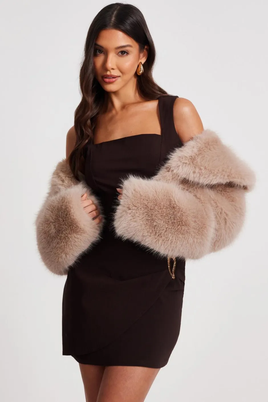 Quiz Faux Fur Cropped Jacket Stone Clearance
