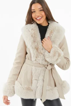 Quiz Stone Faux Fur Trim Belted Jacket Discount