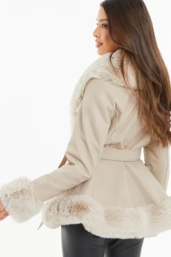 Quiz Stone Faux Fur Trim Belted Jacket Discount