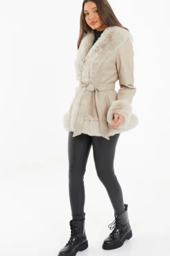 Quiz Stone Faux Fur Trim Belted Jacket Discount