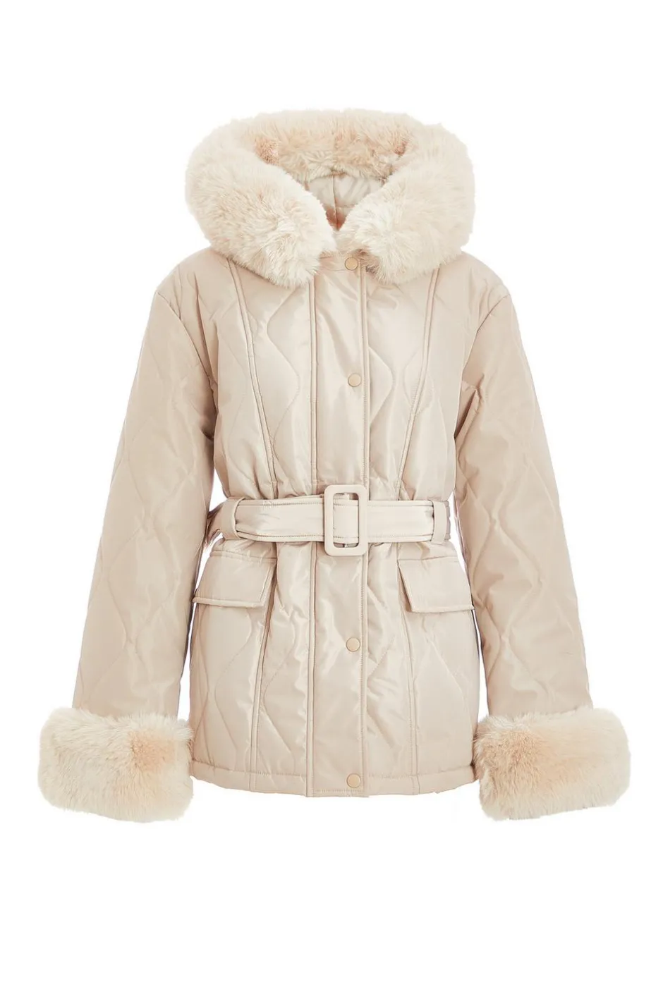 Quiz Faux Fur Trim Jacket Stone Best