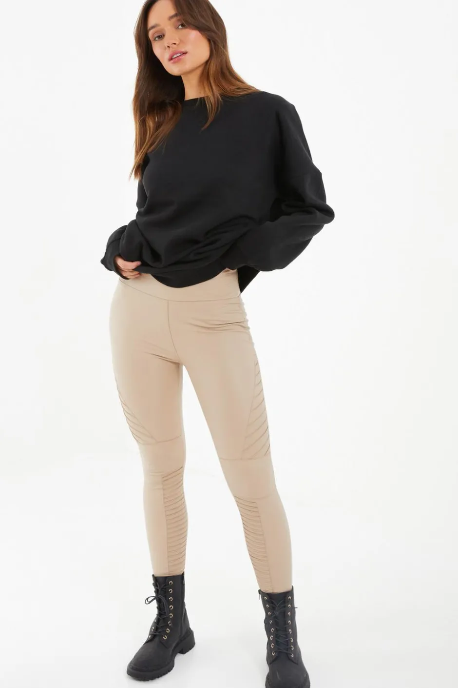 Quiz Faux Leather Seam Leggings Stone Clearance