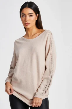 Quiz Knit Diamante Sleeve Jumper Stone Clearance