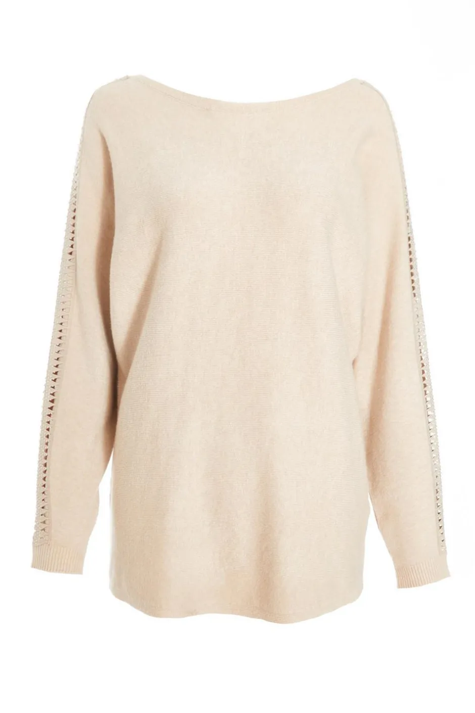 Quiz Knit Diamante Sleeve Jumper Stone Clearance