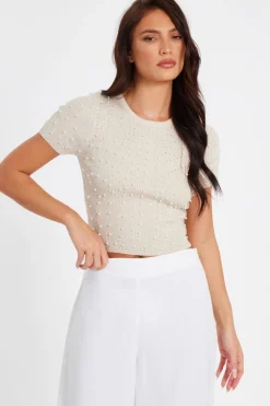 Quiz Knit Embellished Crop Top Stone New