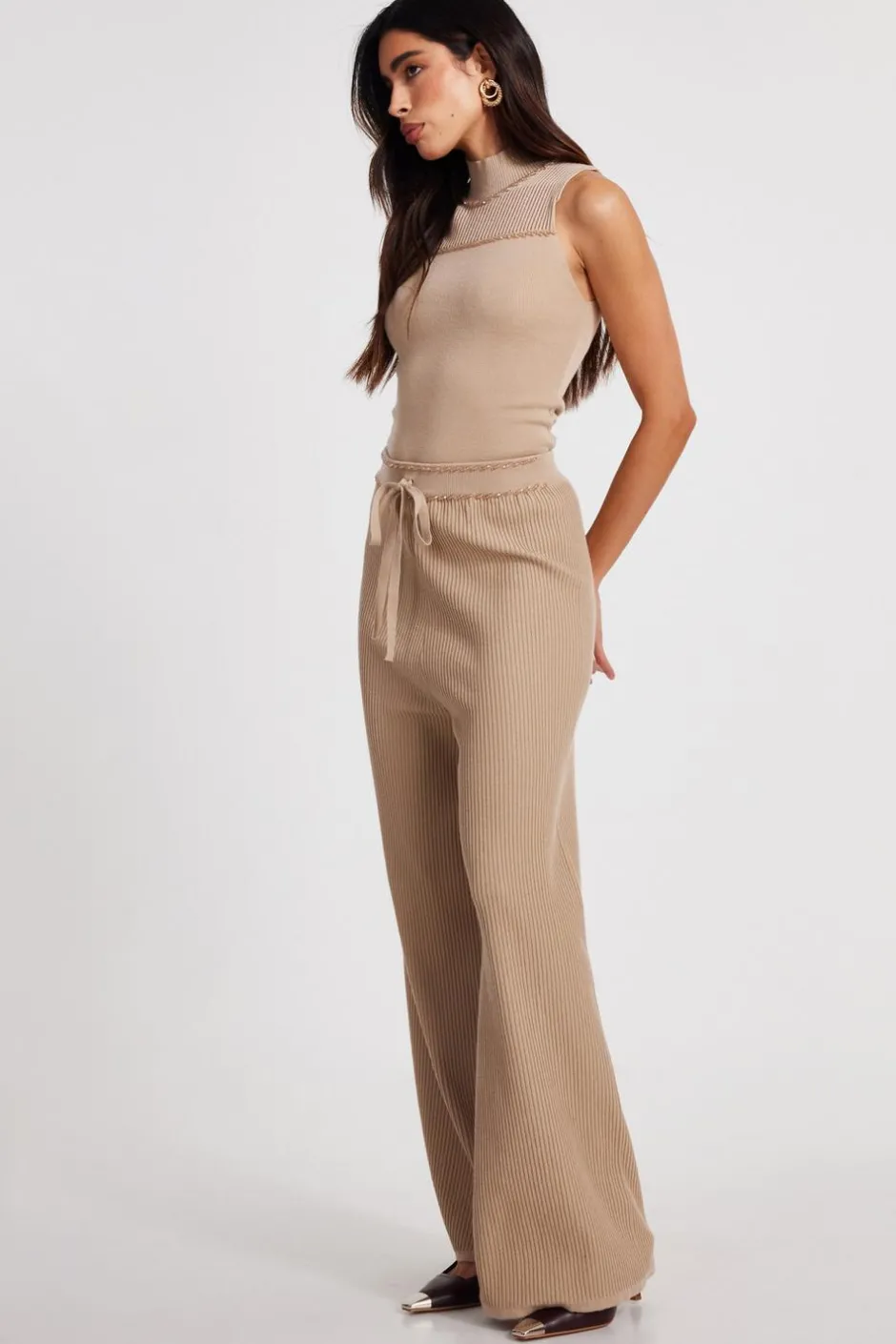 Quiz Knit High Neck Top Stone Discount
