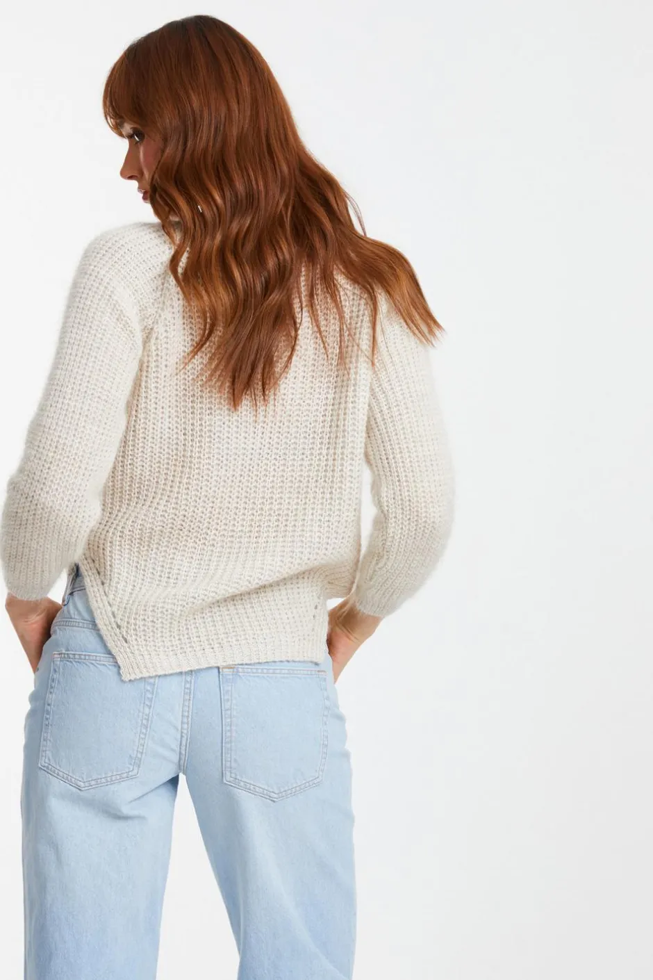 Quiz Stone Knit Split Hem Necklace Jumper Beige Best