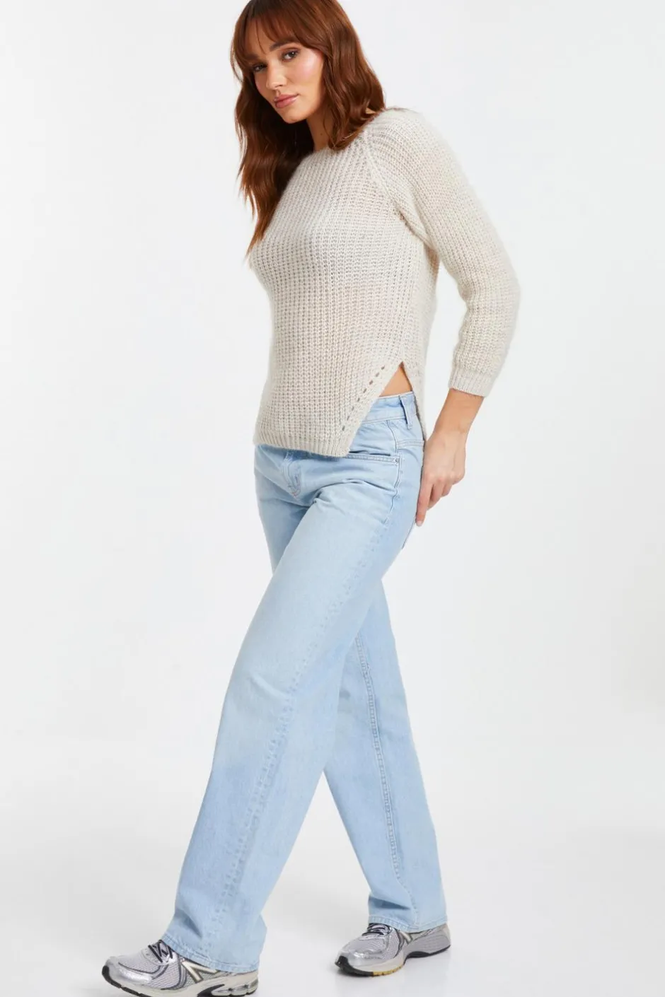Quiz Stone Knit Split Hem Necklace Jumper Beige Best