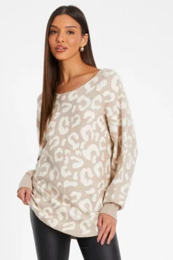 Quiz Stone Leopard Print Knit Batwing Jumper Outlet