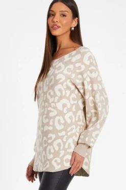 Quiz Stone Leopard Print Knit Batwing Jumper Outlet