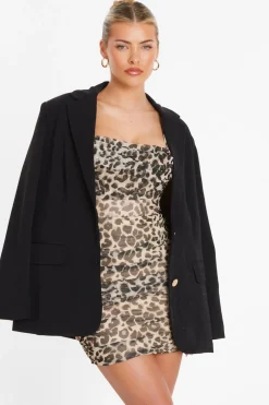 Quiz Stone Leopard Print Mesh Bardot Mini Dress Outlet
