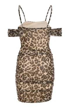 Quiz Stone Leopard Print Mesh Bardot Mini Dress Outlet