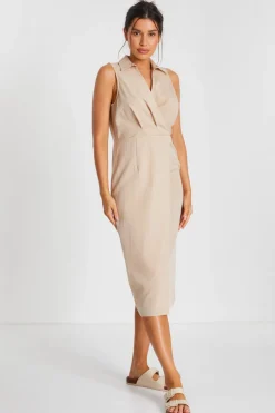 Quiz Stone Linen Look Midi Shirt Dress Outlet