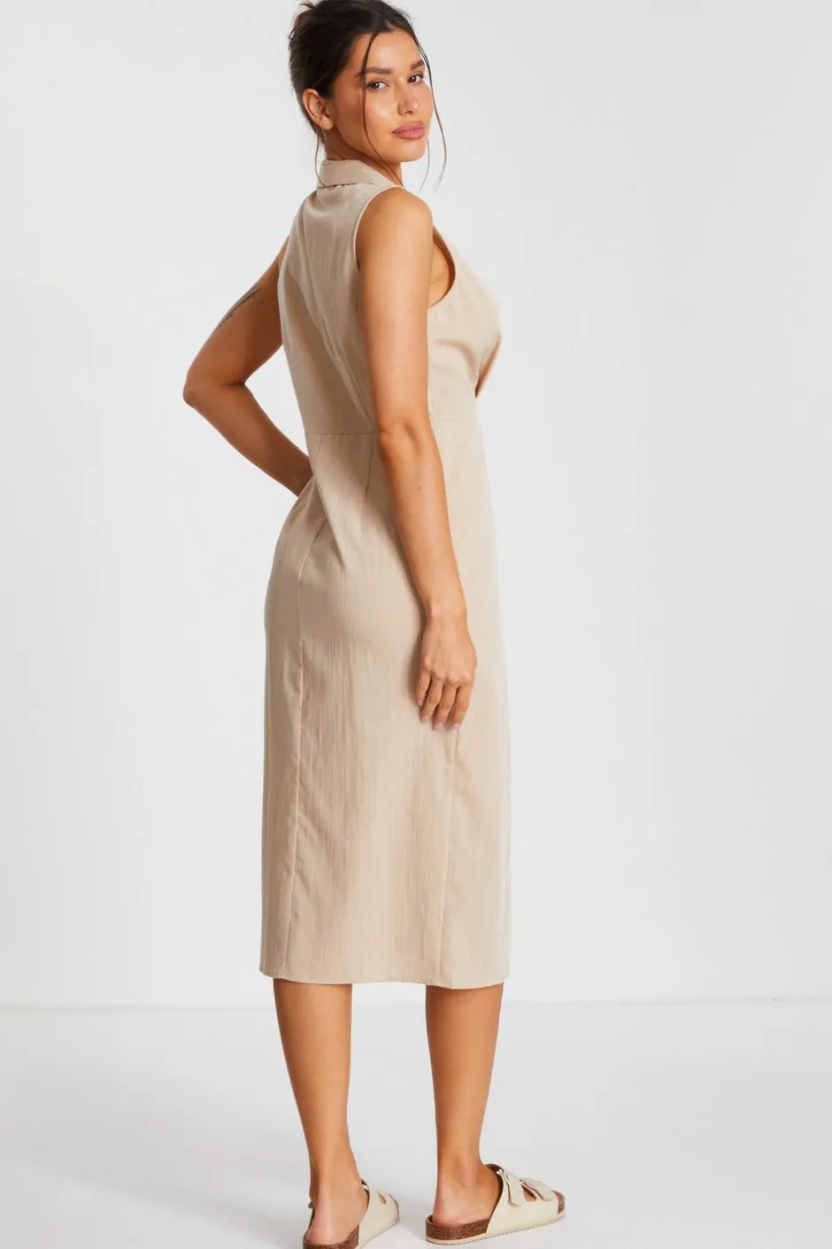Quiz Stone Linen Look Midi Shirt Dress Outlet