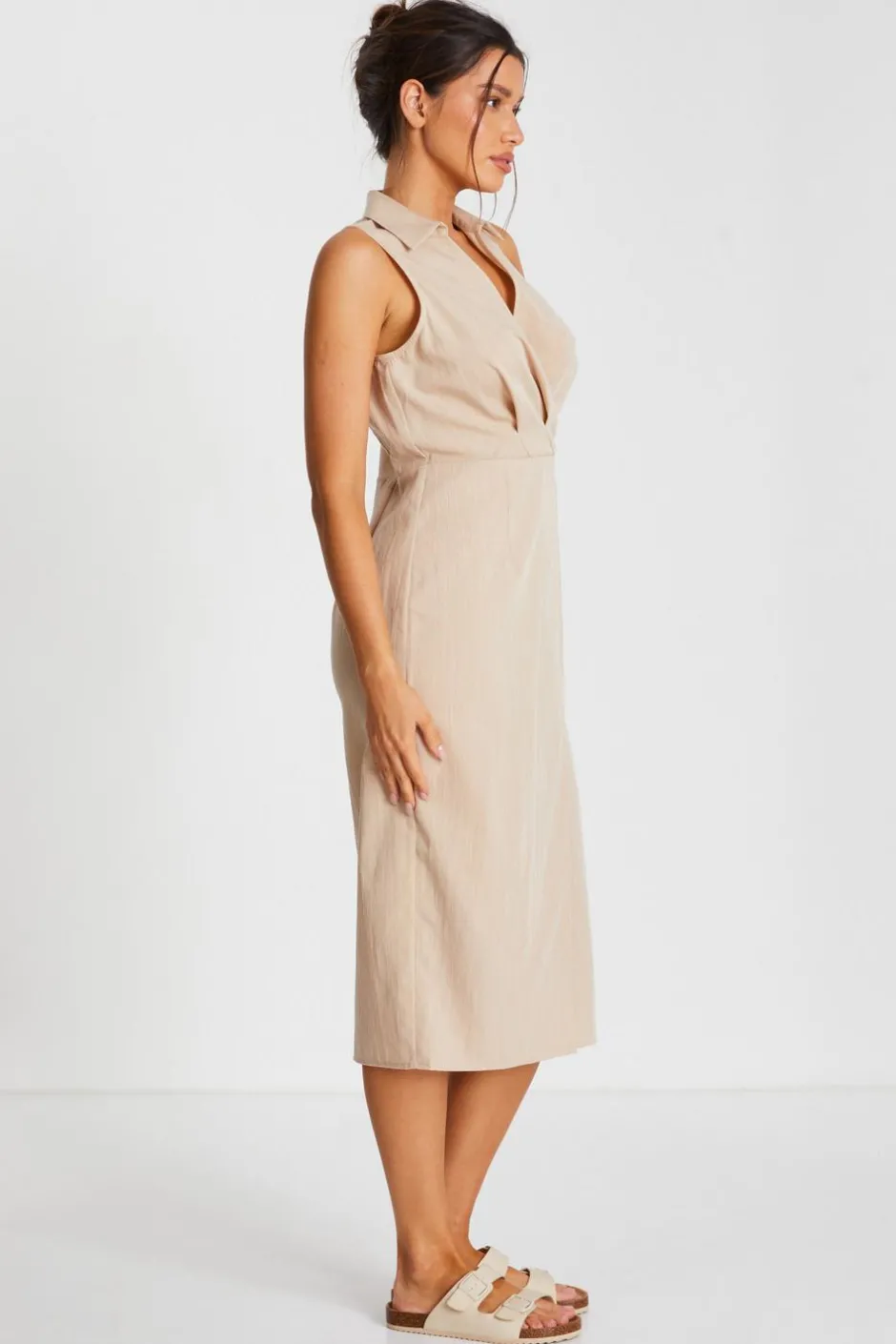 Quiz Stone Linen Look Midi Shirt Dress Outlet