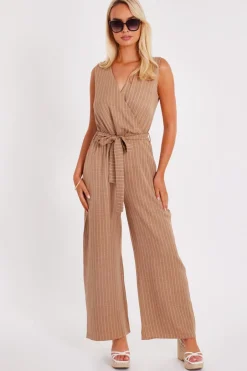Quiz Linen Striped Jumpsuit Stone Outlet