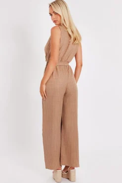 Quiz Linen Striped Jumpsuit Stone Outlet