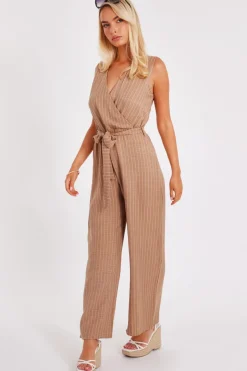 Quiz Linen Striped Jumpsuit Stone Outlet