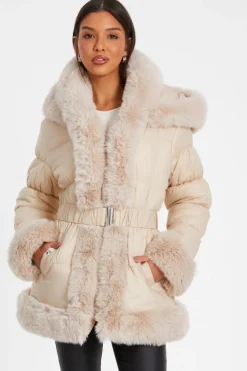 Quiz Padded Faux Fur Trim Jacket Stone Sale