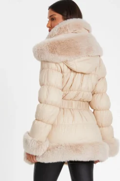 Quiz Padded Faux Fur Trim Jacket Stone Sale