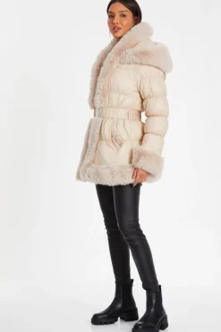 Quiz Padded Faux Fur Trim Jacket Stone Sale