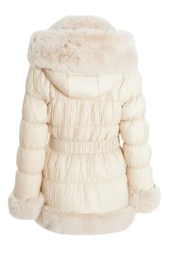 Quiz Padded Faux Fur Trim Jacket Stone Sale