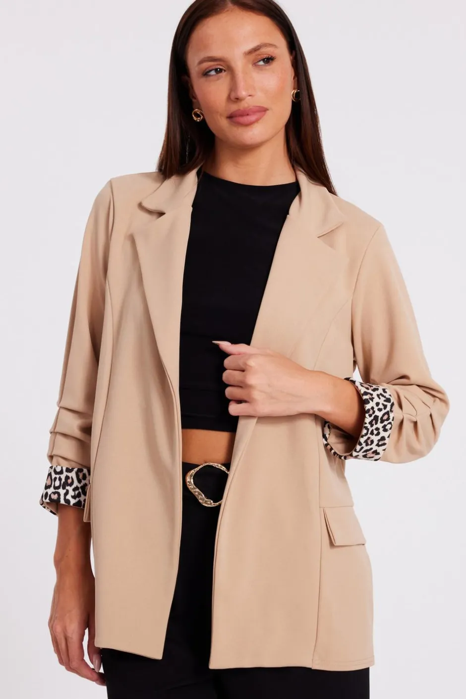 Quiz Printed Cuff Blazer Stone Hot