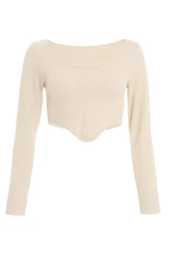 Quiz Stone Ribbed Crop Top Beige Hot