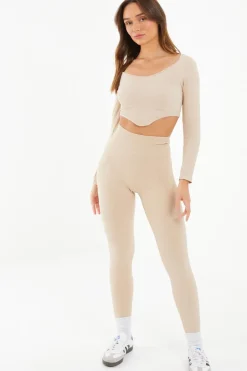 Quiz Stone Ribbed Crop Top Beige Hot