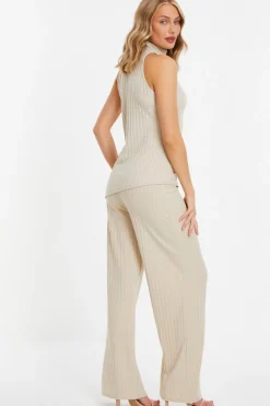 Quiz Stone Ribbed High Waisted Trousers