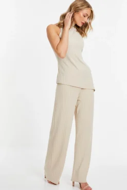 Quiz Stone Ribbed High Waisted Trousers