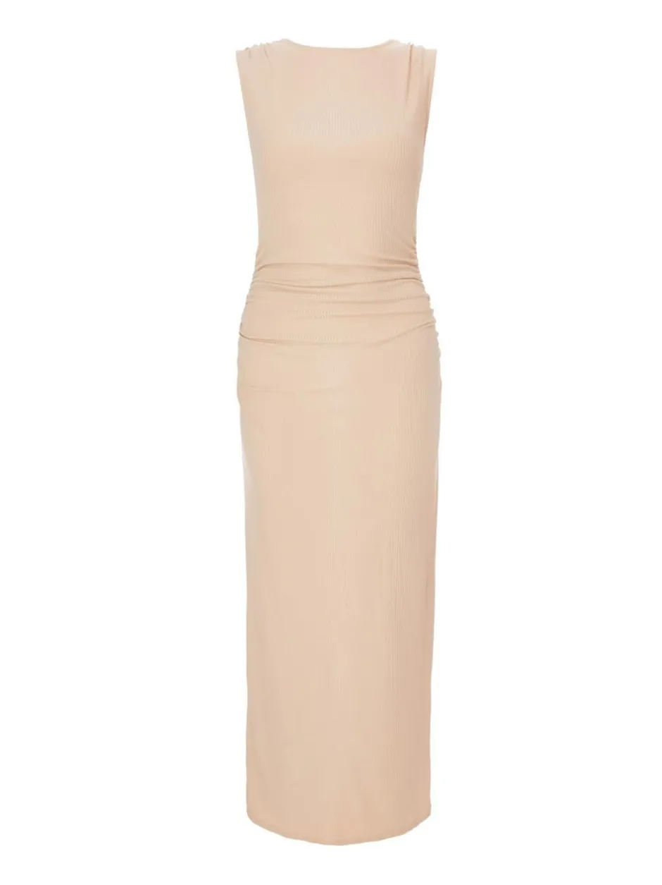 Quiz Ribbed Midaxi Dress Stone Clearance