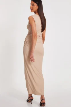 Quiz Ribbed Midaxi Dress Stone Clearance