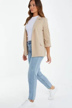 Quiz Ruched Sleeve Blazer Stone