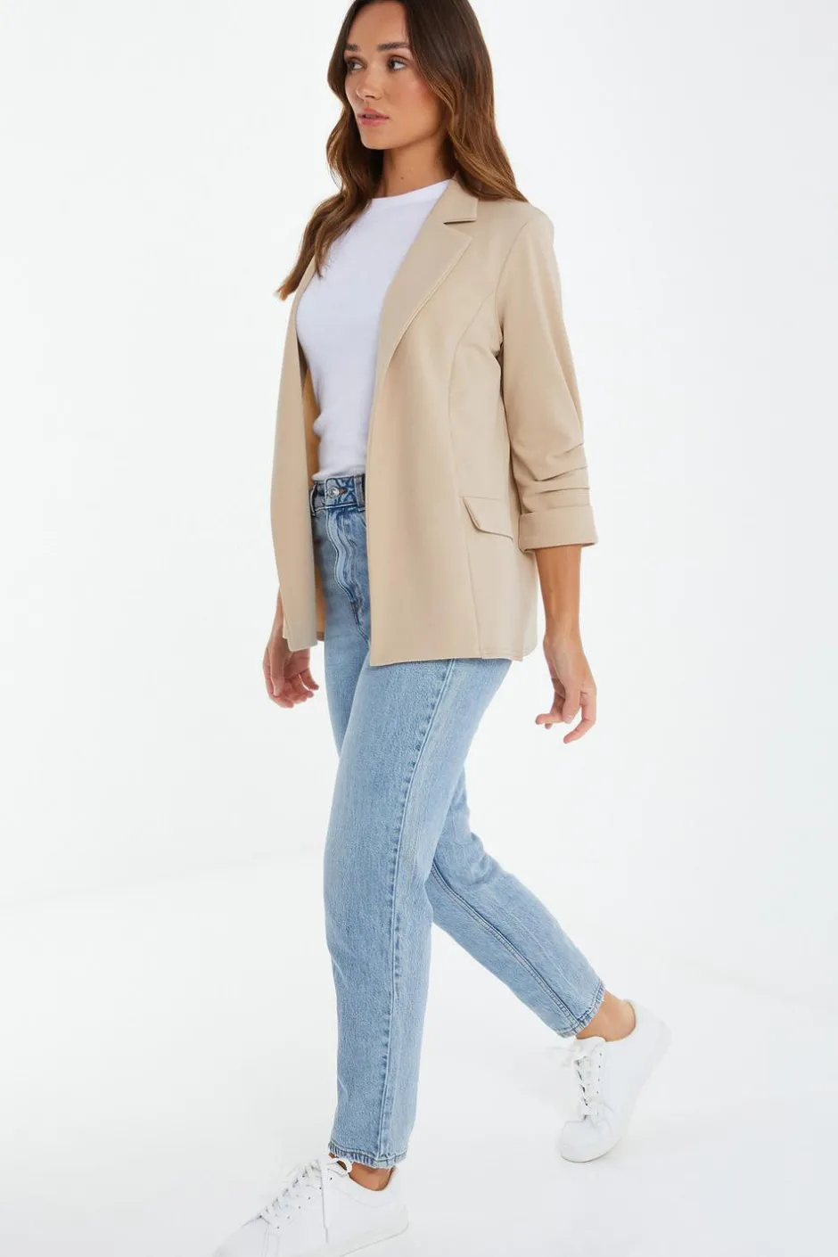 Quiz Ruched Sleeve Blazer Stone