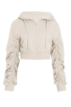 Quiz Ruched Sleeve Cropped Hoodie Stone Discount