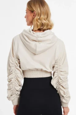 Quiz Ruched Sleeve Cropped Hoodie Stone Discount