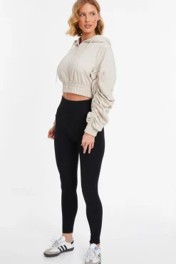 Quiz Ruched Sleeve Cropped Hoodie Stone Discount
