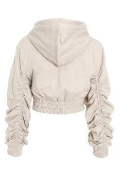 Quiz Ruched Sleeve Cropped Hoodie Stone Discount