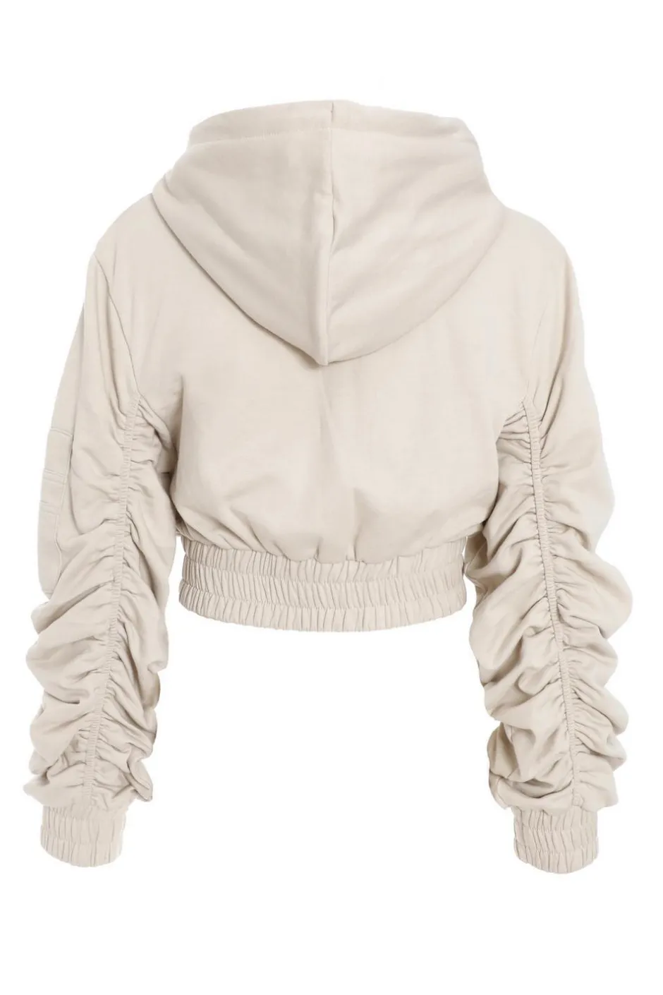 Quiz Ruched Sleeve Cropped Hoodie Stone Discount