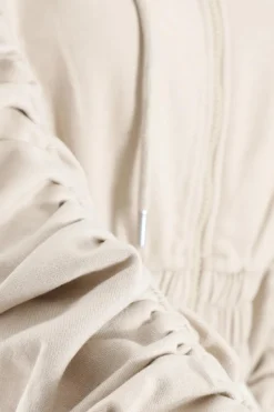 Quiz Ruched Sleeve Cropped Hoodie Stone Discount